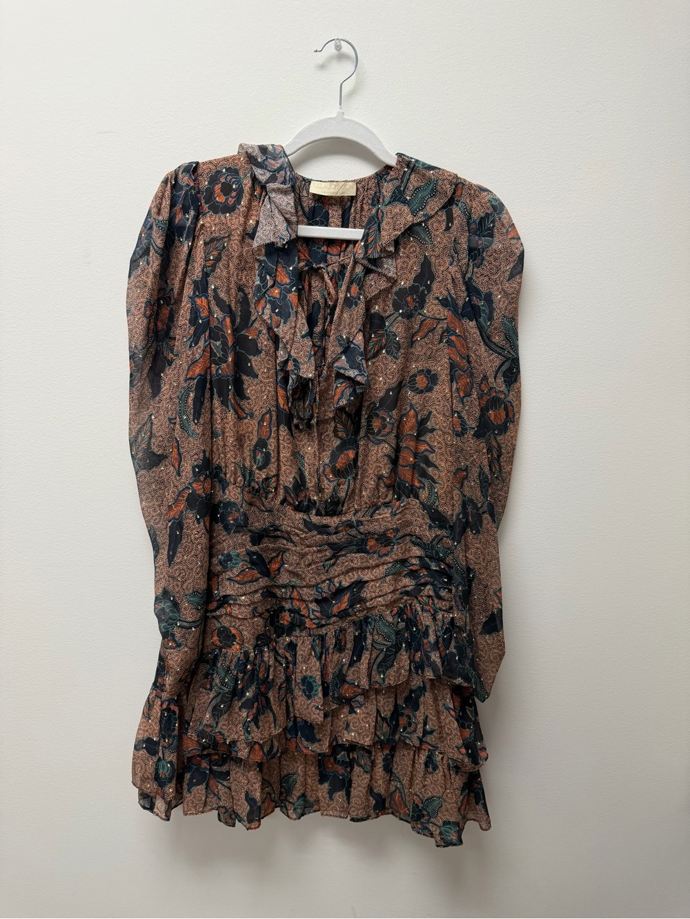 Floral Ruffle Long-Sleeve Mini Dress in Brown